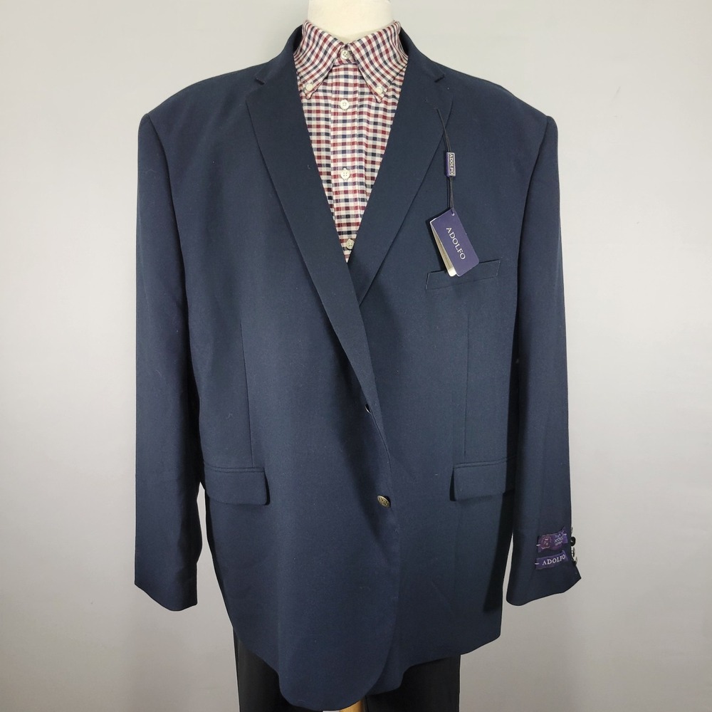 Adolfo Men's Sport Coat‎ Blazer Two Button Navy Blue Polyester Blend 56R NEW
